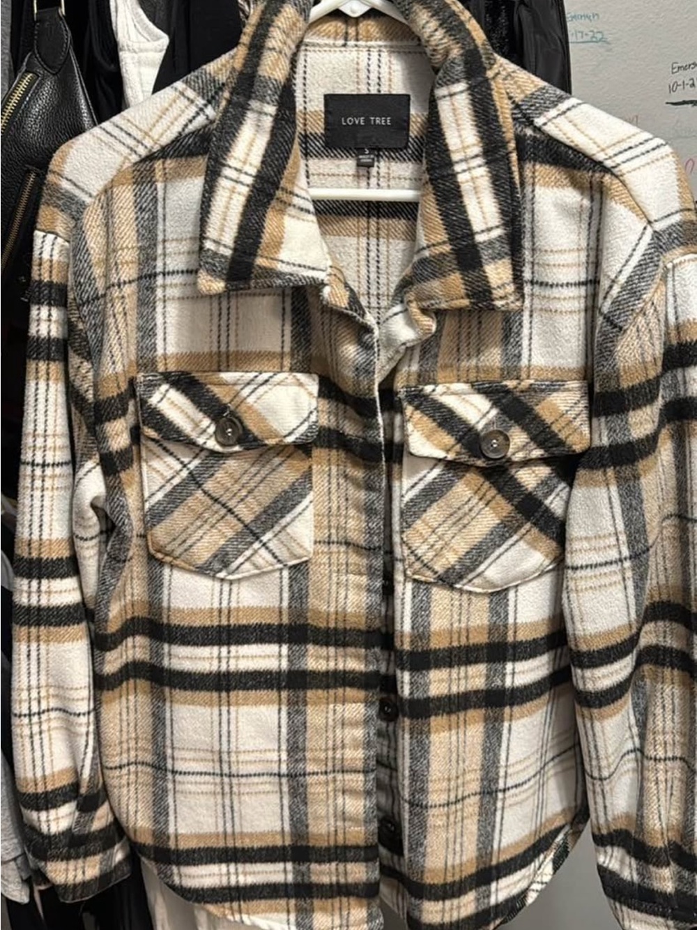 Love Tree Plaid Utility Jacket in Cream, Tan and Black